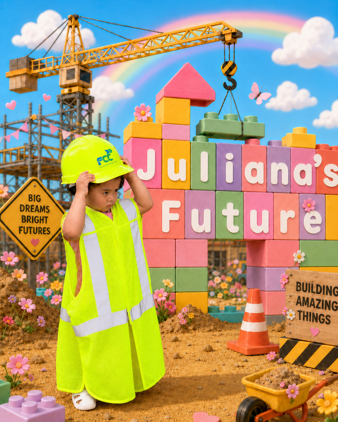 Juliana in a hard hat and safety vest at a toy construction site, where building blocks spell out Juliana's Future
